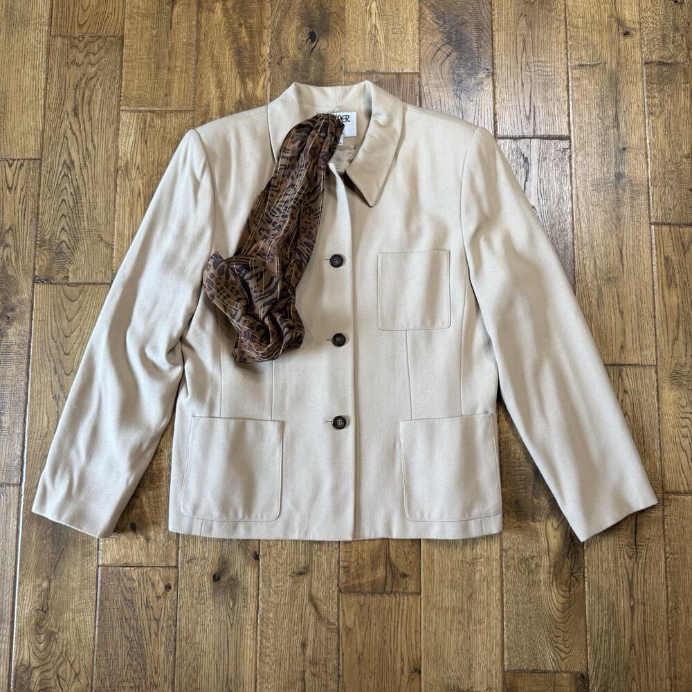 Vintage Kasper For ASL Beige Button Down Blazer Jacket and Scarf Womens Sz 16